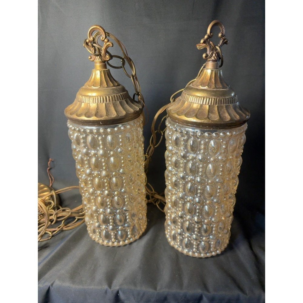 Vintage Progress Lighting Double Pendant Bubble Glass Brass Ceiling Light - Picture 1 of 11